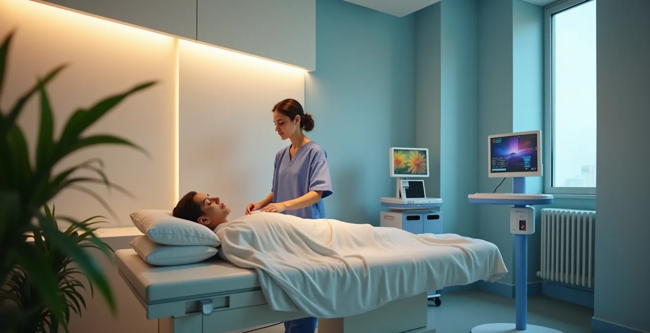 Paciente relajado en sala médica moderna con ambiente calmante durante procedimiento