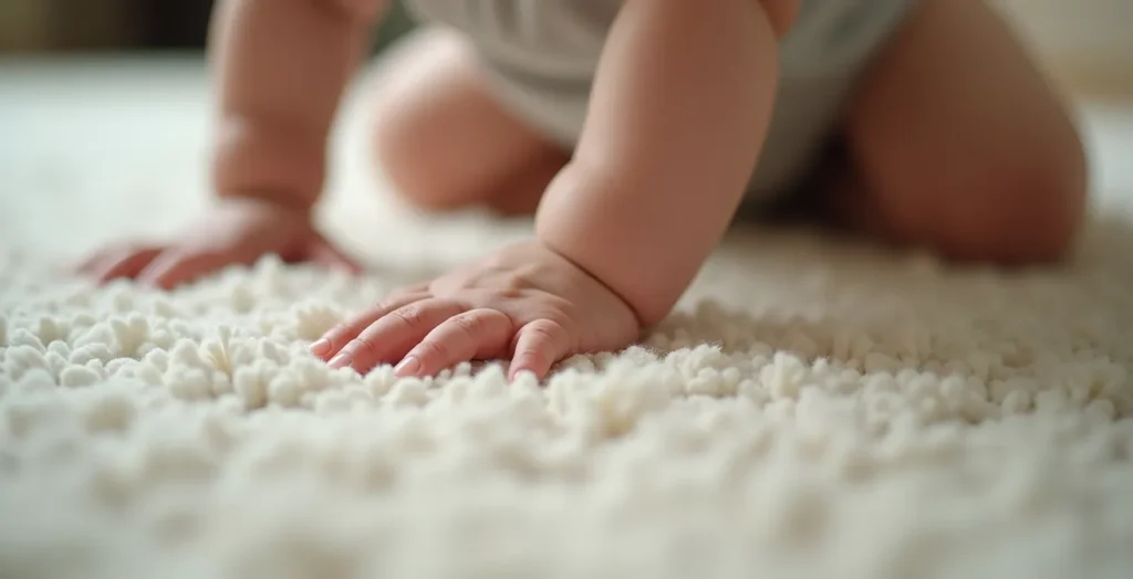 Bebé de 8 meses gateando con patrón cruzado sobre alfombra suave Bebé de 8 meses gateando con patrón cruzado sobre alfombra suave